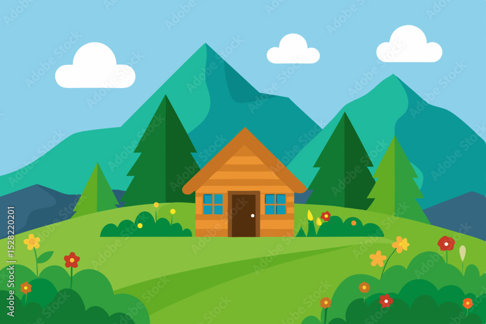Fototapeta premium Vector illustration of a vibrant summer rural landscape with mountains, trees, and a cozy village house under a clear sky