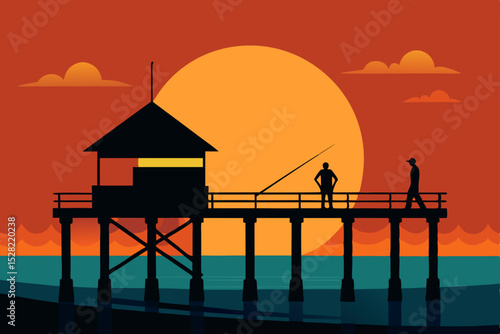 Summer twilight over the ocean and lake, with sunlit clouds reflecting on the water near the beach and pier