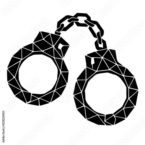 A bold, stylized representation of justice, featuring a pair of linked handcuffs. The image emphasizes the themes of law, order, and security, rendered with a stark, graphic aesthetic.