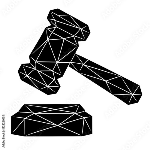 A strong and powerful gavel sits upon the podium, representing the judicial system, justice, and legal decisions. The gavel and block, in geometric style.
