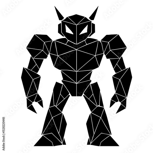 A geometric robot composed of black polygons stands ready, emanating strength and futuristic design. Its unique form invites admiration, capturing the essence of innovation and technology.