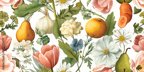 Abundant Botanical Floral Fruit Seamless Pattern. Harvest Nature Food Design for trendy design, textile, packaging, fabric, wallpaper, branding, stationery, wrapping paper interior decor.