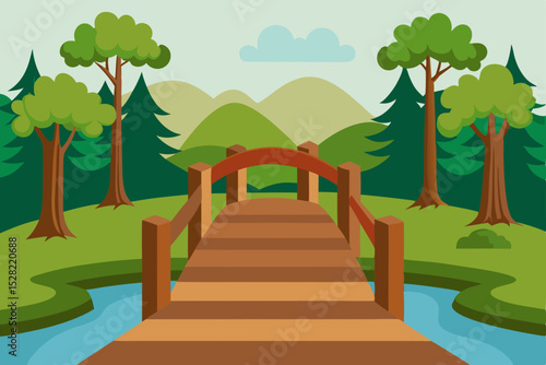 Serene Wooden Bridge Across a Tranquil Stream in Lush Green Forest Landscape
