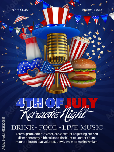 4th of july karaoke night poster with golden vintage mic, food, cooktail and pennants with usa flag colors. american independence party flyer