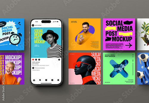 Social Media Post Mockup – 1080×1080 & iPhone 16 (9 Objects)