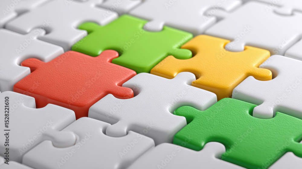Obraz premium Collaborative workspace puzzle pieces symbolizing teamwork creative office environment close-up view