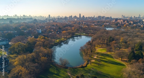Brooklyn Aerial. Cityscape of Manhattan Skyline from Prospect Park, New York City