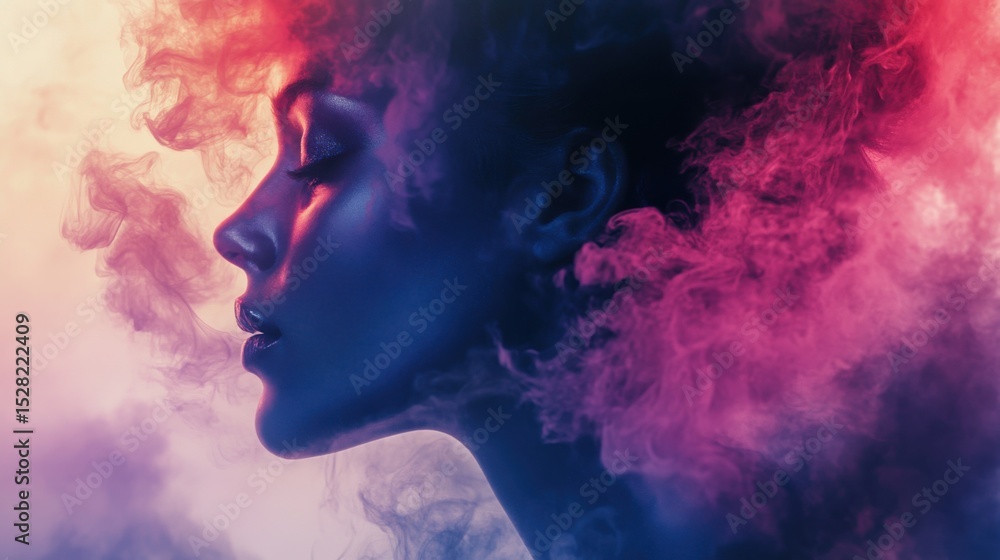 Fototapeta premium An artistic silhouette of a woman captured amid colorful smoke, expressing a strong emotional narrative through the interplay of light, shadow, and vivid hues in a captivating imagery.