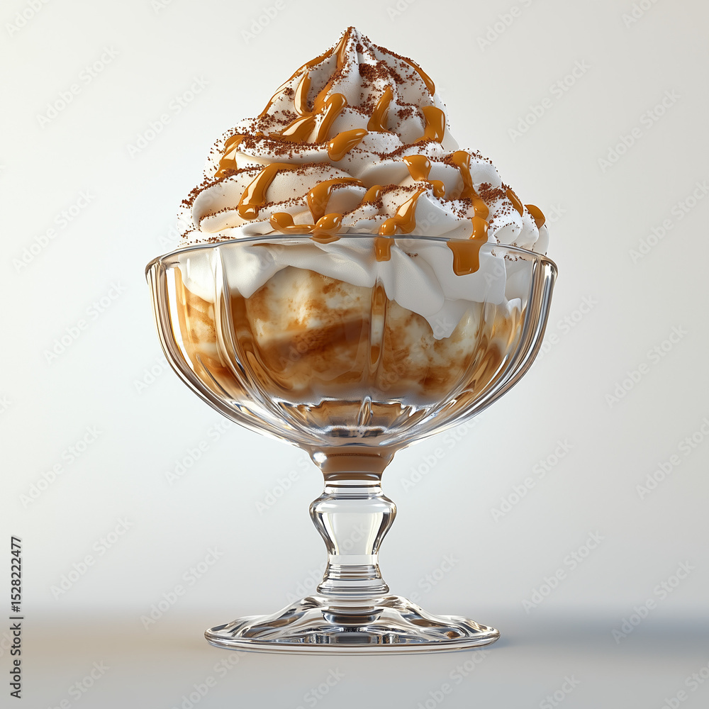 Ultra-realistic image of a Coupe ice cream scoops presented in a clear glass sundae dish Ultra-realistic image of a Coupe ice cream scoops presented in a clear glass sundae dish