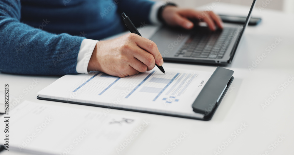 Doctor, laptop and hands writing on document for medical admin, health report and prescription. Professional, person and healthcare form in clinic for filling paperwork, treatment plan and insurance Doctor, laptop and hands writing on document for medical admin, health report and prescription. Professional, person and healthcare form in clinic for filling paperwork, treatment plan and insurance