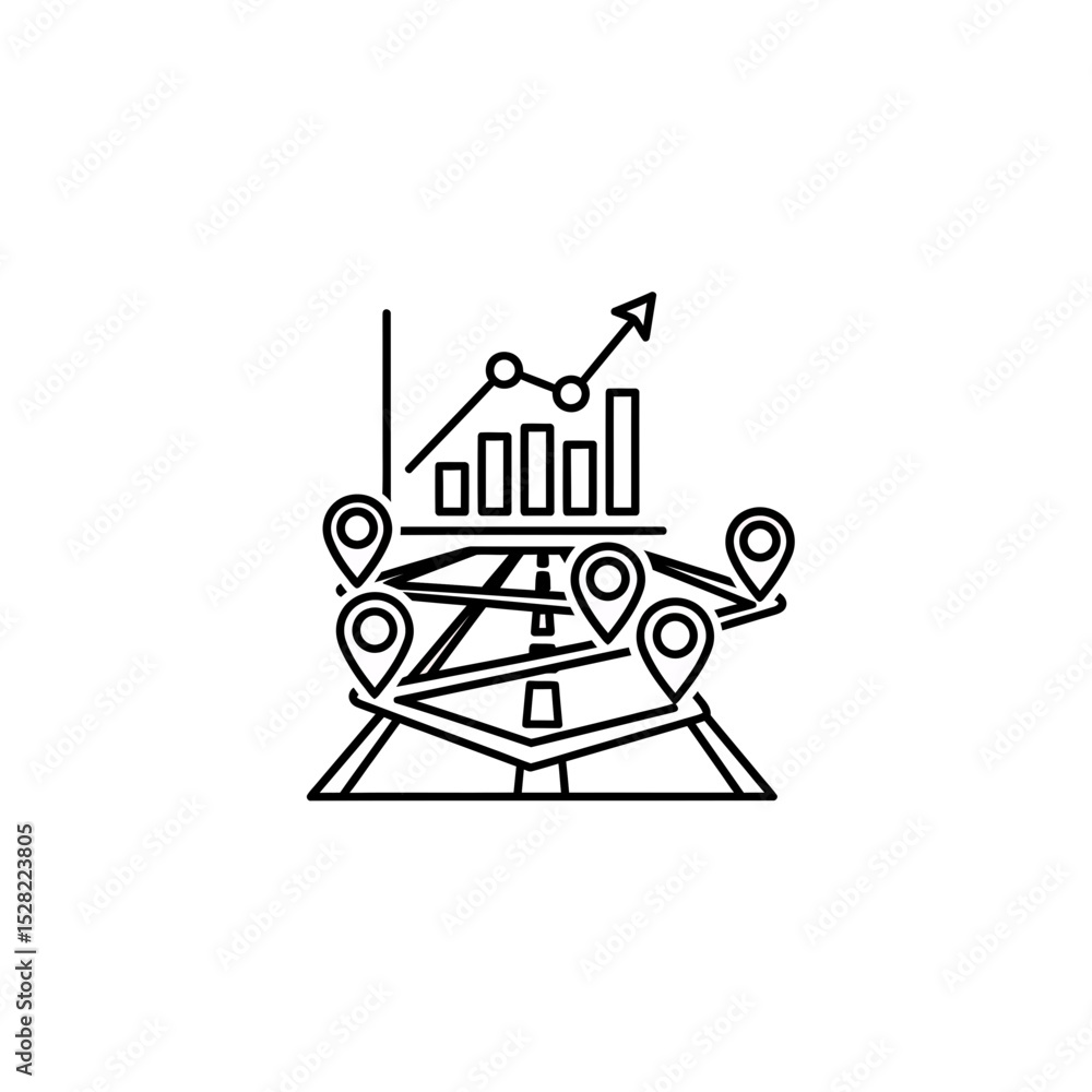 Obraz premium Strategic Growth & Route Optimization: Line Art Icon of Business Chart, Road Network, and Location Pins, Illustrating Business Travel and Expansion Planning