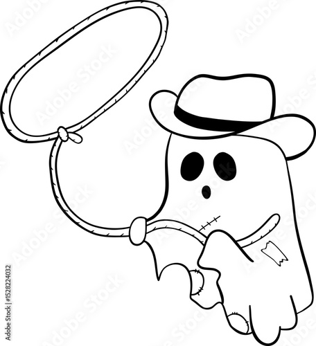Cowboy ghost outline holding lasso, wearing hat, with stitched details and spooky expression, perfect for Halloween or western themed designs
