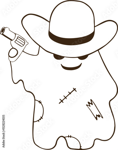 Cowboy ghost outline with gun and hat, spooky western character with stitched patches and sunglasses, eerie playful spirit with wild west style