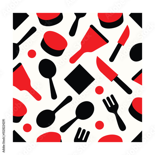Seamless Retro Kitchen Tools Pattern in Red and Black