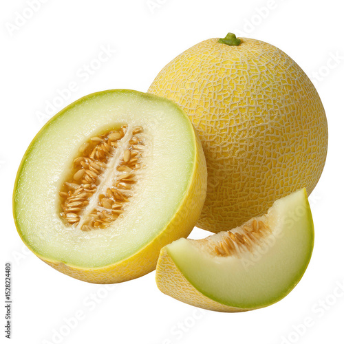 Fresh honeydew melon slices isolated on transparent background