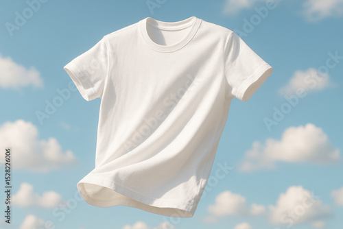 Plain white t shirt floating against a blue sky with soft clouds, clean minimalist apparel concept with blank template space