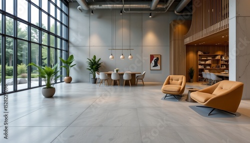 an interior space that appears to be a modern office or co working environment. it features a large, open floor plan with a clean, minimalist design