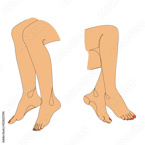 Collection. Silhouettes of human legs, feet in a modern one line style. Continuous line drawing, outline for decoration, posters, wall art, stickers, logo. Vector illustration set