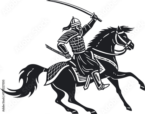  Ottoman cavalry warrior silhouette riding horse with raised sword, black vector illustration 