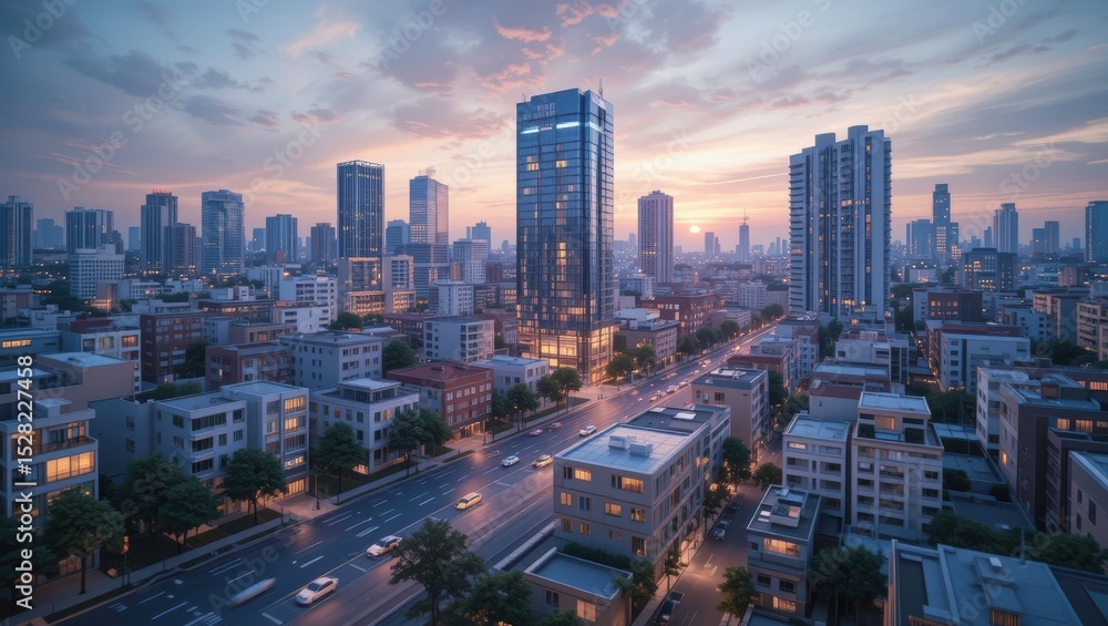 Fototapeta premium City Skyline at Sunset with Modern High-Rise Buildings and Traffic in Urban Environment