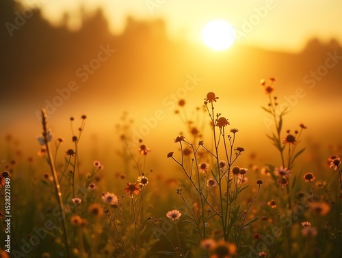 Wallpaper Mural Sunlit wildflower meadow with golden morning mist. Lush blooming field in soft dawn glow. Serene tranquil flower meadow in warm sunrise light perfect for inspirational art, book Torontodigital.ca