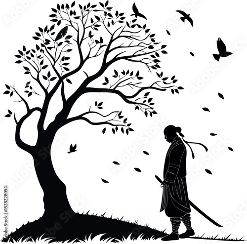 Peaceful samurai standing beside tree with falling leaves and birds in flight, black silhouette.