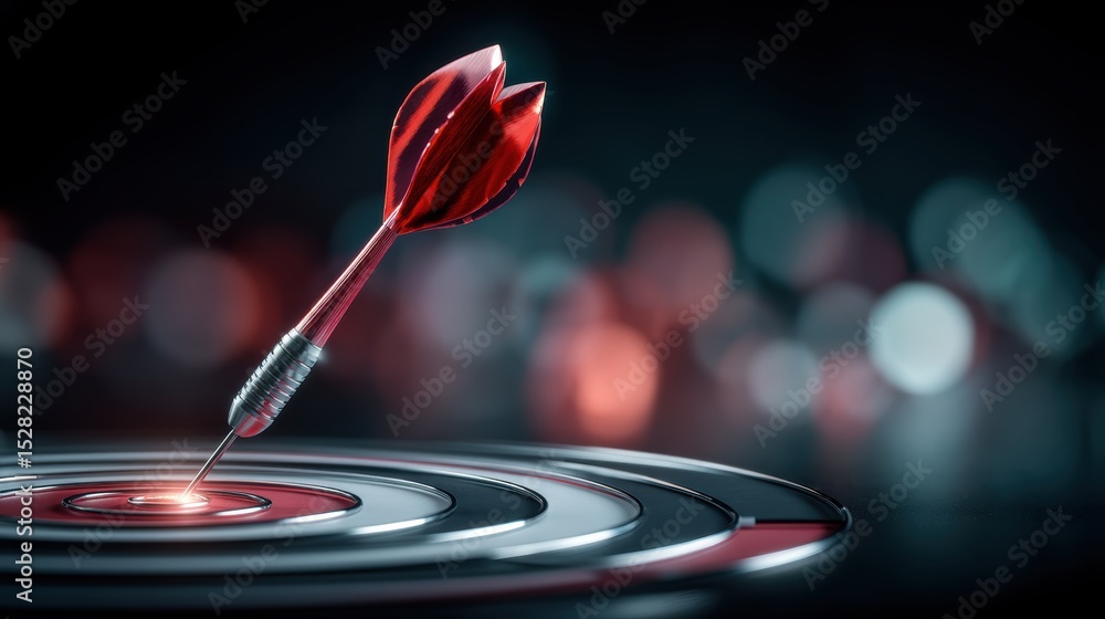 Fototapeta premium Red dart with metallic shaft hitting target accurately