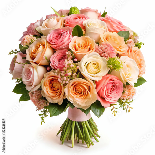 Elegant pink and peach floral bouquet on white background