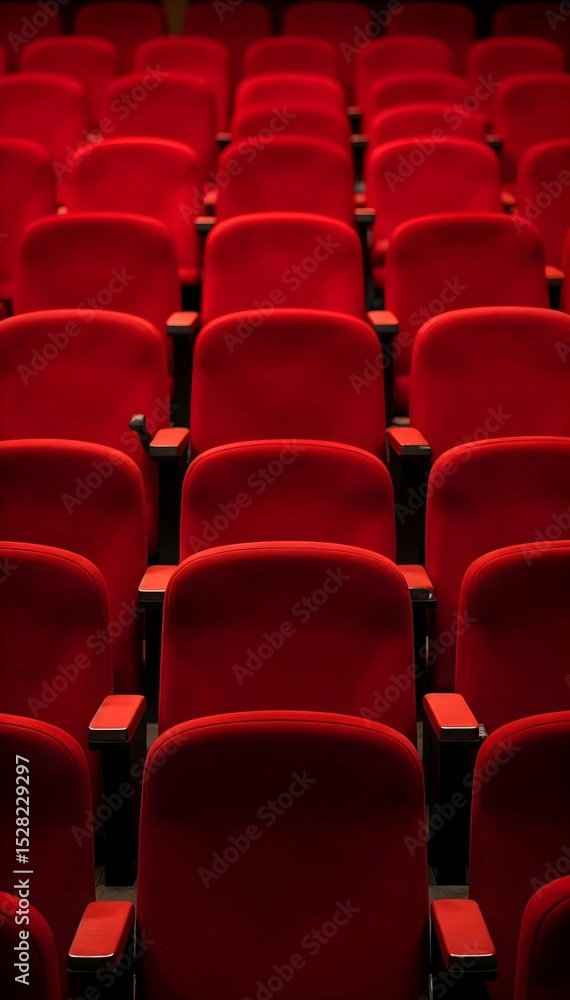Fototapeta premium Rows of empty red theater seats, arranged in a symmetrical pattern, create a sense of anticipation and order in a theater