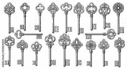 Vintage Ornate Skeleton Keys Collection Line Art
