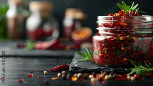 Fototapeta Naklejka Na Ścianę i Meble -  A clear jar filled with colorful chili flakes and herbs sits on a black surface, surrounded by scattered spices, showcasing a vibrant culinary focus for spice lovers.