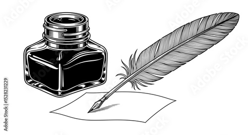 Vintage Ink Bottle and Quill Pen Writing Drawing
