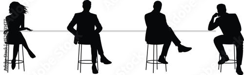 Dynamic Silhouette Collection of People Sitting on Bar Stools, Casual and Professional Poses for Social or Business Design flat vector illustration