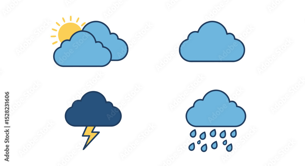Obraz premium Flat vector weather icon set with blue clouds showing sunny, cloudy, thunderstorm, and rain conditions. Minimalist design for apps or forecasts.*