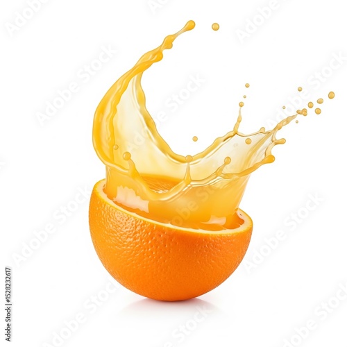 An image of thick orange juice splashing out of a bursting orange, with vibrant drops in dynamic motion on a clean white background.