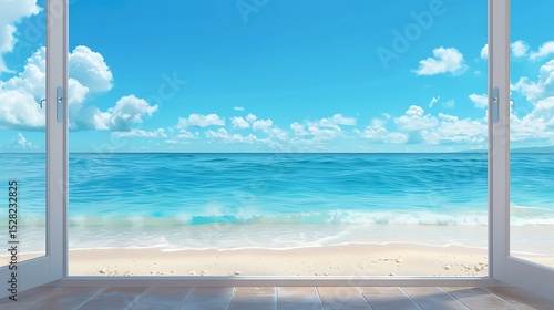 A 3D rendering of a white door opening to a sea view  symbolizing vacation and freedom.  