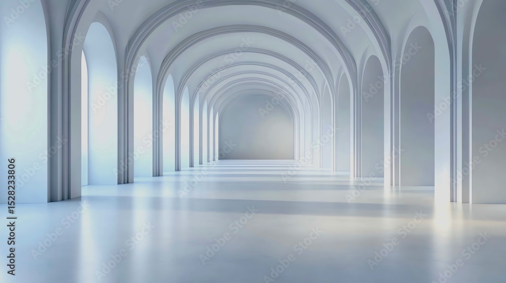 Minimalist arch room: 3D render of an empty white museum/chapel with concrete floor. Minimalist arch room: 3D render of an empty white museum/chapel with concrete floor.