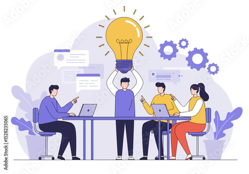 Collaborative flat vector illustration: A diverse team works together on a central idea, symbolized by a large lightbulb, with gears and message bubbles, emphasizing teamwork and innovation