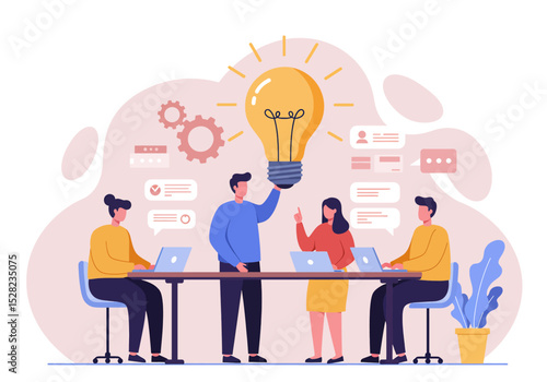 Collaborative flat vector illustration: A diverse team works together on a central idea, symbolized by a large lightbulb, with gears and message bubbles, emphasizing teamwork and innovation