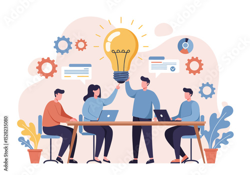 Collaborative flat vector illustration: A diverse team works together on a central idea, symbolized by a large lightbulb, with gears and message bubbles, emphasizing teamwork and innovation