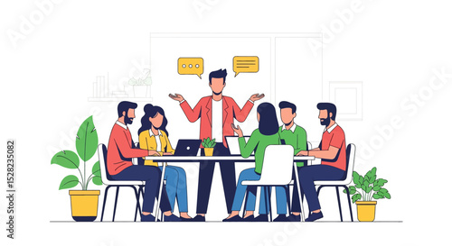 flat vector illustration: A diverse business team engages in a dynamic discussion around a meeting table, with speech bubbles highlighting communication and diverse viewpoints in a modern office