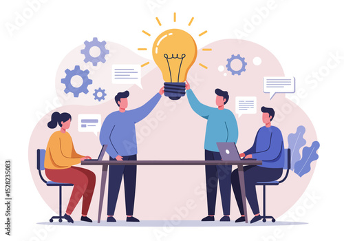 Collaborative flat vector illustration: A diverse team works together on a central idea, symbolized by a large lightbulb, with gears and message bubbles, emphasizing teamwork and innovation