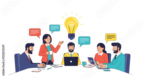 flat vector illustration: A diverse business team brainstorms around a table with a glowing lightbulb, speech bubbles indicating idea sharing and communication. Innovation and collaboration