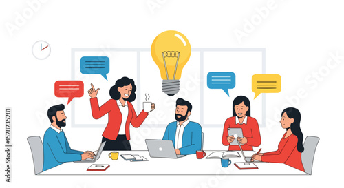 flat vector illustration: A diverse business team brainstorms around a table with a glowing lightbulb, speech bubbles indicating idea sharing and communication. Innovation and collaboration