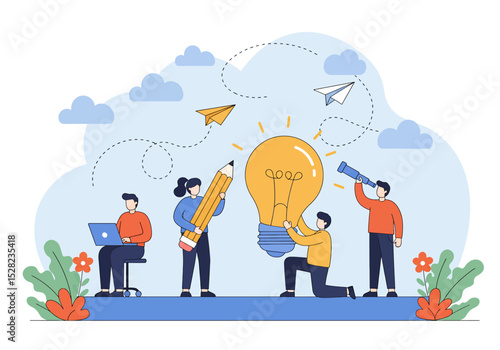 flat vector illustration: A diverse team collaborates around a lightbulb, symbolizing new ideas and creative problem-solving. Features elements telescope, pencil, and paper planes, vision and progress