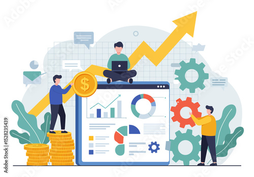 Collaborative flat vector illustration: A team analyzes business growth charts, currency stacks, and gears, working on a large tablet with a rising arrow. Represents teamwork and financial success
