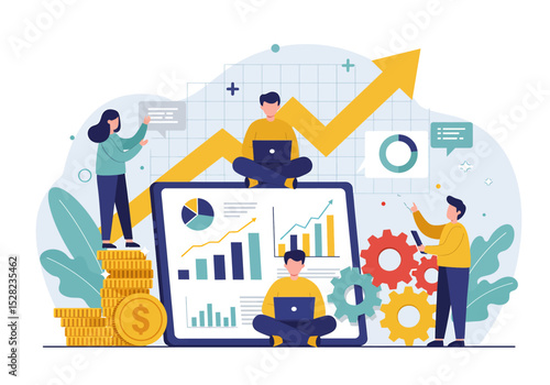 Collaborative flat vector illustration: A team analyzes business growth charts, currency stacks, and gears, working on a large tablet with a rising arrow. Represents teamwork and financial success