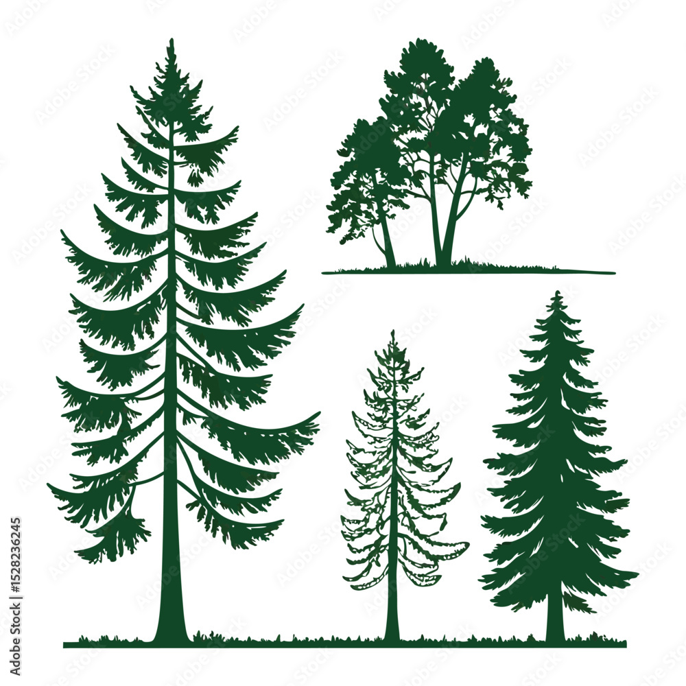 Obraz premium Set of 4 forest tree silhouettes vector