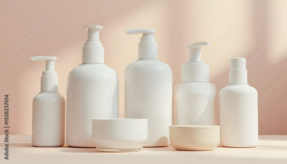 Set of various white cosmetic bottles and jars. Mockup for skincare, beauty products, or personal care. Clean, minimalist, and unified branding display.
Set of various white cosmetic bottles and jars. Mockup for skincare, beauty products, or personal care. Clean, minimalist, and unified branding display.