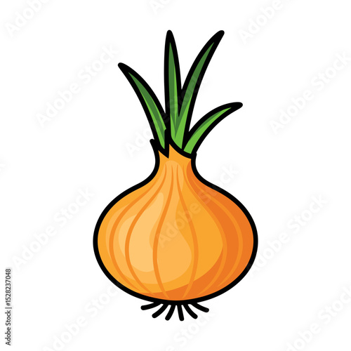 Illustration of a whole onion with brown skin and green sprouts on a white background design art